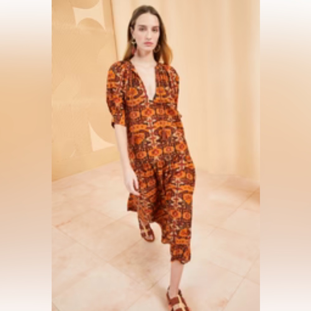 Ulla Johnson Orange & Brown Printed V-Neck Midi Dress